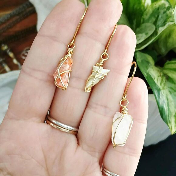 3 Piece Dainty Crystal Gemstone Shark Tooth Dangle Earrings Gold - Picture 6 of 6
